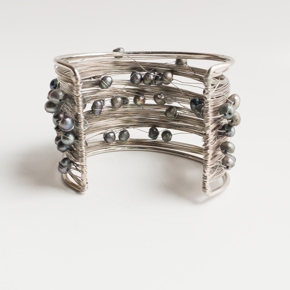 Wide Wire Wrapped Bangle Cuff Bracelet With Black Peacock Freshwater Pearls NWT - Picture 7 of 14